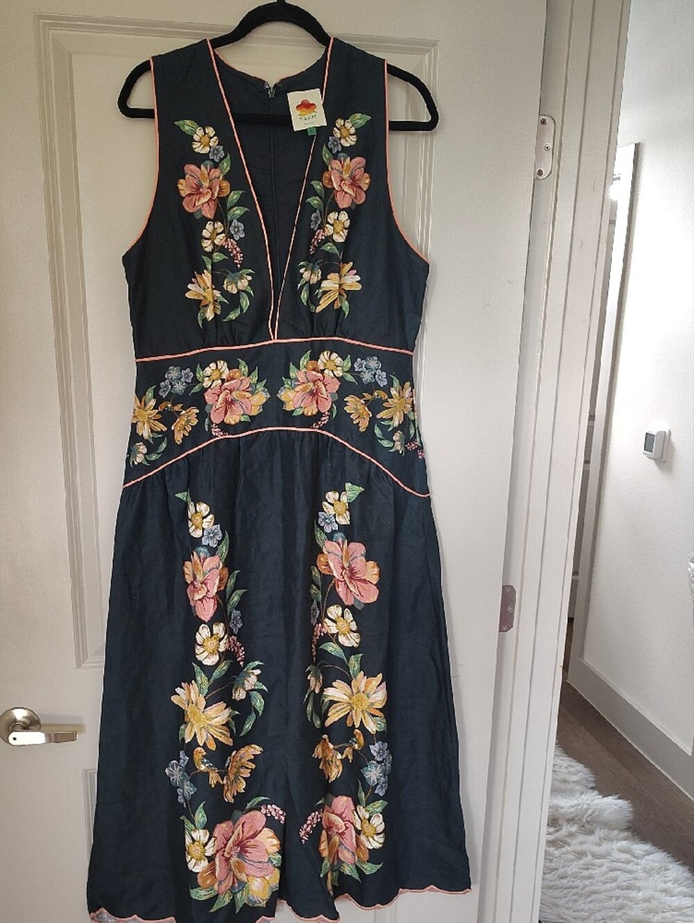 FARM Rio Navy Floral Embroidered Midi Dress with Pink Piping - Picture 4 of 9